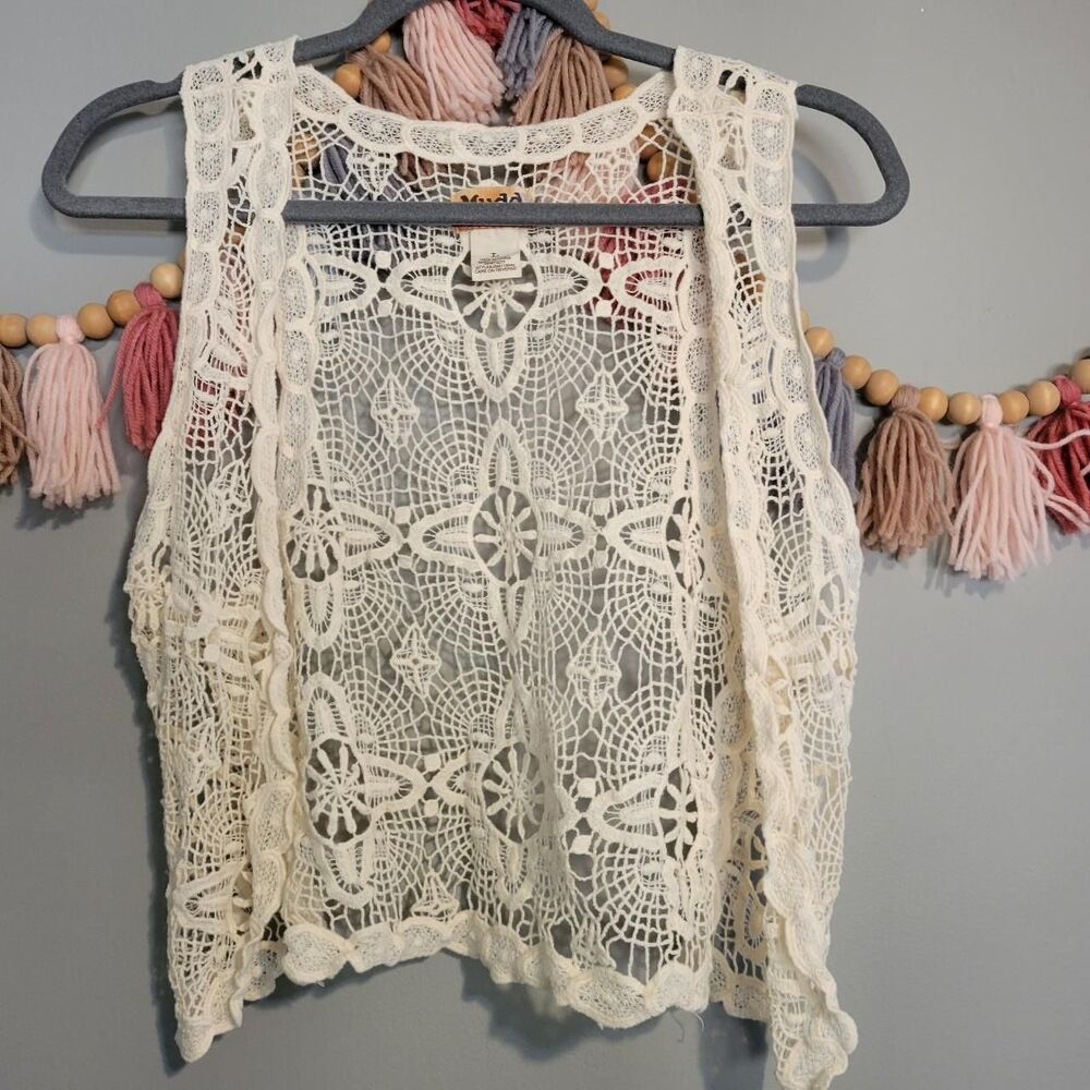 VTG Y2K Mudd Juniors L Cream Crochet Open Knit Tank Cardigan BOHO Festival Beach